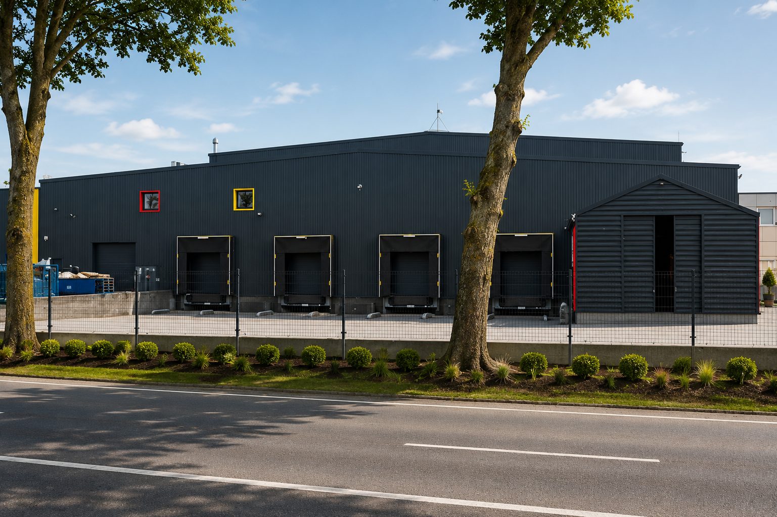 The Durasan warehouse seen from the road, with four loading docks for lorries