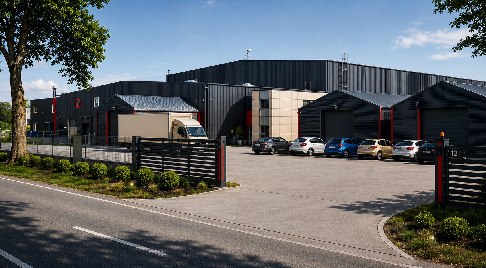 The Durasan logistics centre seen from the entrance: dark cladding, staff car park and greenery along the road